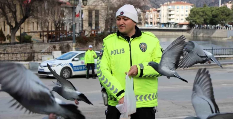Amasya’da trafik polisi güvercinleri besledi